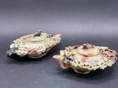 A Pair, Carved Soapstone Teapots
