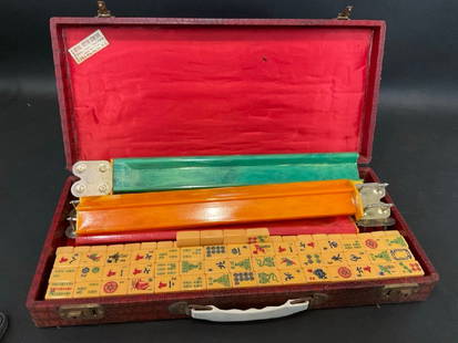 Genuine Catalin Mahjong Set c.1930's: Genuine Catalin Bakelite Mahjong Set. Total of 159 Pieces. Manufactured by A&L Mfg. Made in USA. Hand Painted Tiles. Dimensions: 3&rdquo; x 20&rdquo; x 9&rdquo;