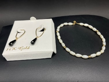 14K Yellow Gold Earrings with 14K Pearl Bracelet