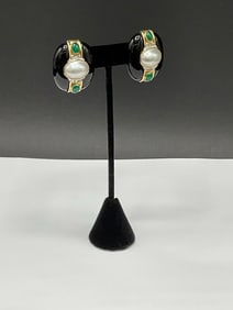 14K Onyx, Pearl and Jade Earrings