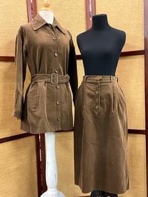 70's Yves Saint Laurent Brown Corduroy 3/4 Belted Jacket with Button Down Pencil Skirt