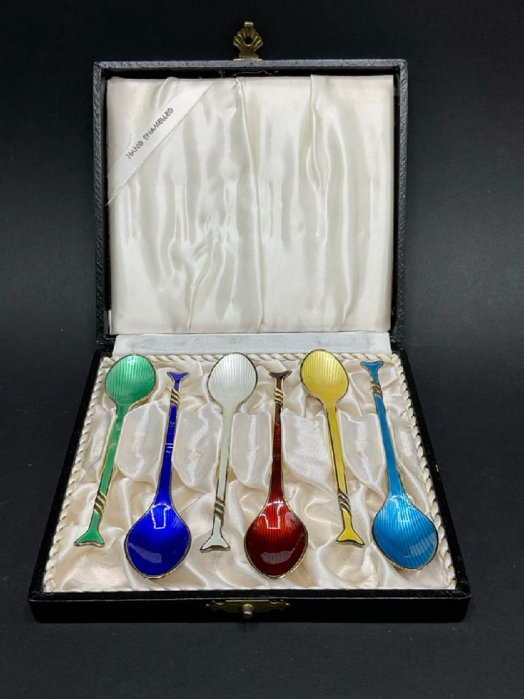 Set of Six (6) MEKA Denmark Sterling Silver Enameled Spoons (1 of 3)