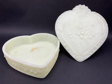 Antique Fenton Custard Uranium Glass Heart Shaped Trinket Box w/ Wild Strawberries