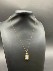 14K Yellow Gold Opal and Diamond Pendant Necklace