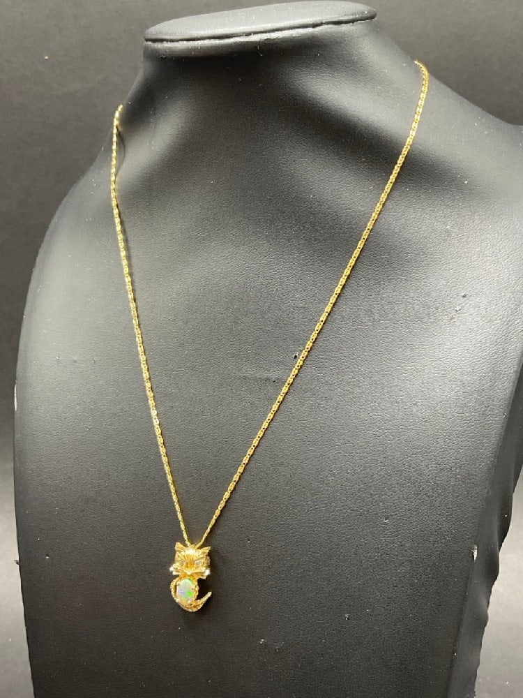 14K Yellow Gold 16" Cat Pendant Necklace with Opal and Diamond. (1 of 5)