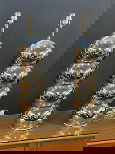 A Pair, George Kovacs Stacked Chrome Ball Table Lamps: A Pair, George Kovacs Stacked Chrome Ball Table Lamps. Unsigned. c. 1970's. One socket for light bulb is loose. Overall good condition with wear consistent to age. Please see photograph preview. Dimen