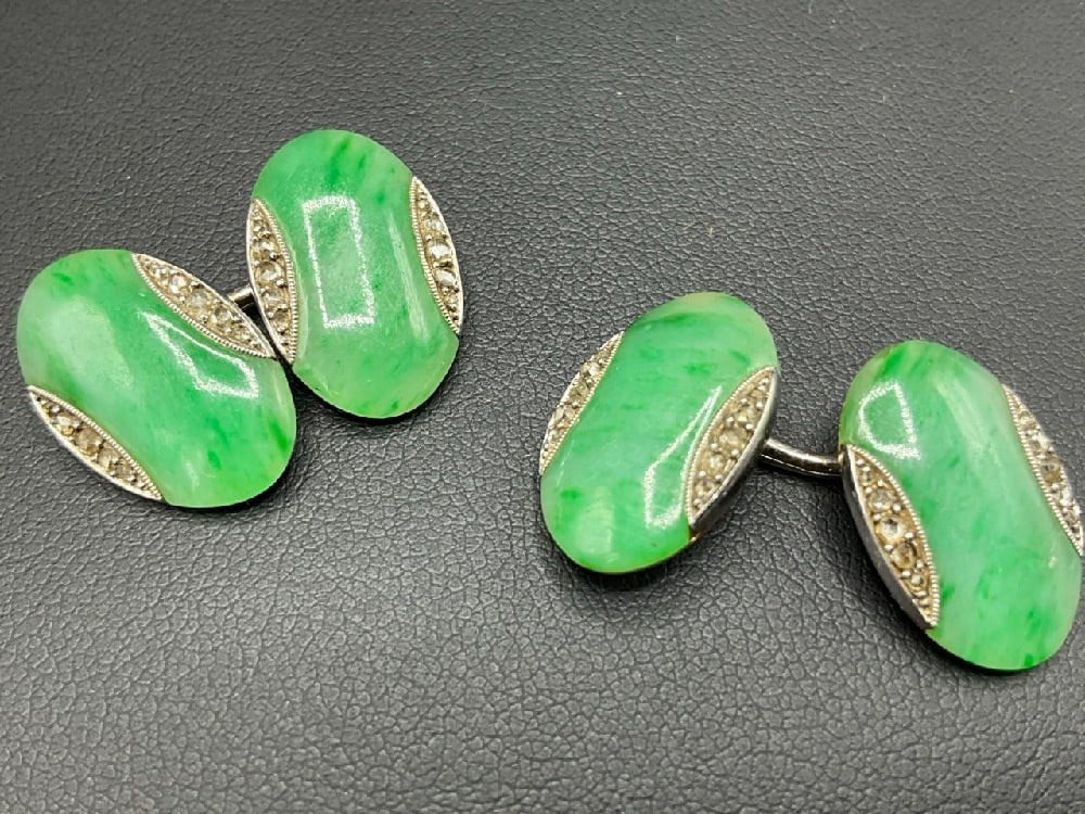 18K White Gold Jade and Diamond Cufflinks (1 of 6)