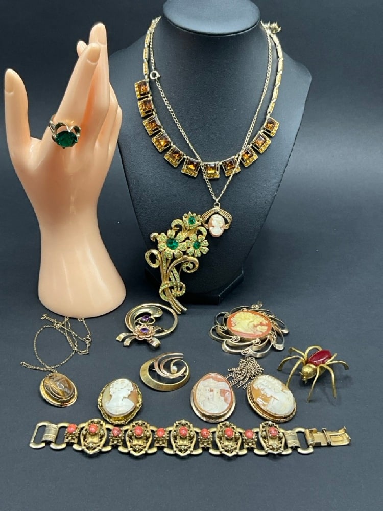 Estate Compiled Gold Filled and Goldtone Vintage Jewelry Group w/ Cameos
