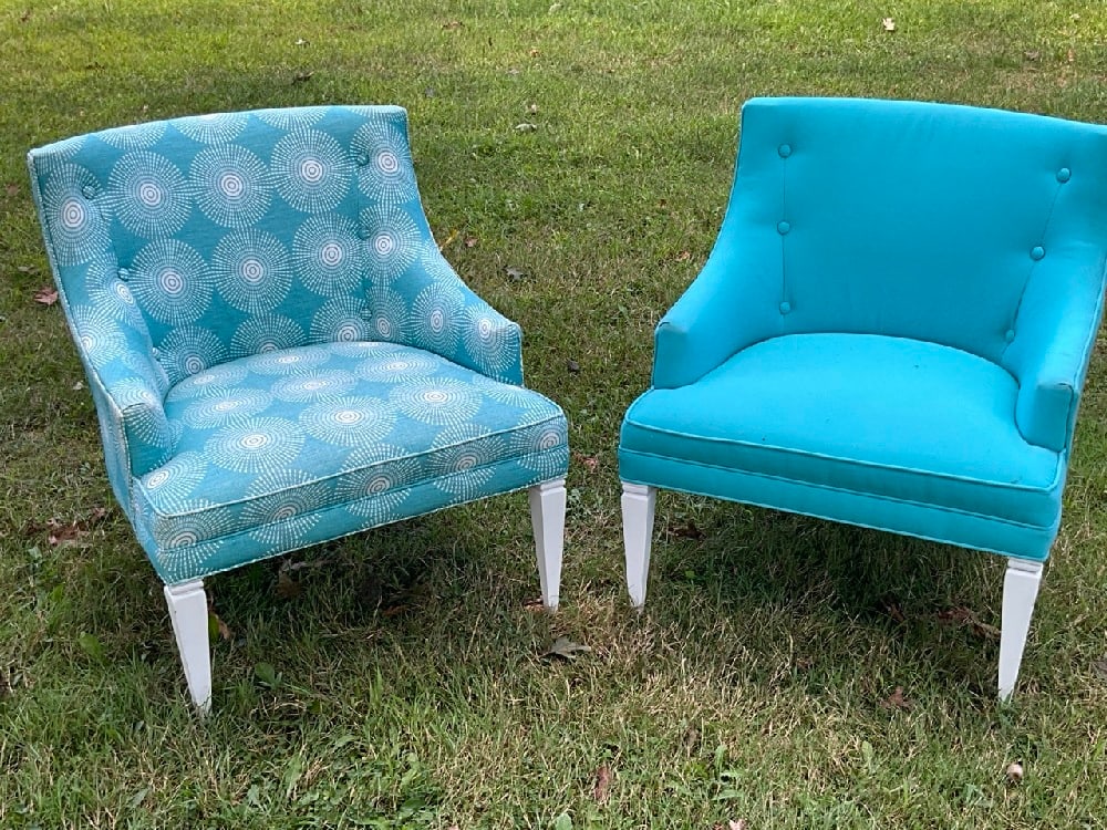 Two (2) Jonathan Adler Upholstered Side Chairs: Two (2) Jonathan Adler Upholstered Side Chairs. Spot stains noted. Please see photograph preview. Cleaning needed. Dimensions: 28 1/2” x 24 1/2” x 28 1/2”