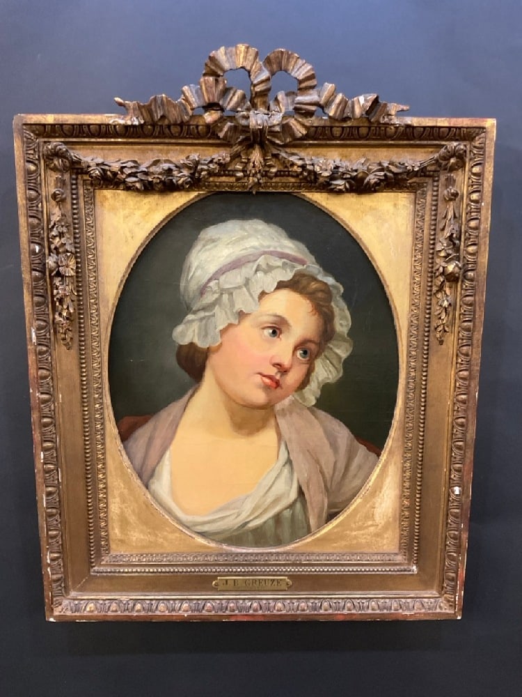 Jean-Baptiste (JB) Greuze (French, 1725-1805) Portrait: Jean-Baptiste (JB) Greuze (French, 1725-1805)Oil on canvas. Portrait of Young Female. Labeled verso with provenance red seal. Dimensions: 18" X 14" and 32" X 20"