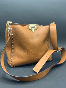 Valentino Garavani Brown Pebbled Calfskin Leather Crossbody Bag