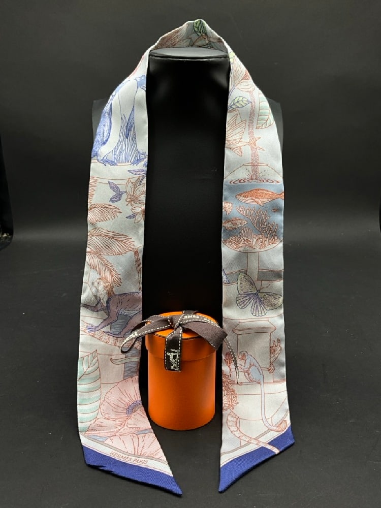 Hermes-Paris Silk Precious Paradise Twilly: Hermes-Paris Silk Precious Paradise Twilly in Original BoxGood Condition, Please See Photograph Preview (slight pull)Dimensions 34” L x 2” W