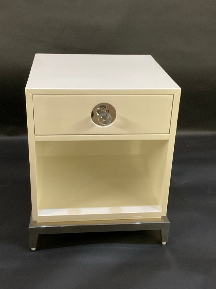 Jonathan Adler White Bedside Stand: Jonathan Adler White Bedside Stand. Light Use. Please see photograph preview.Dimensions: 22 1/2" X 18" X 18"