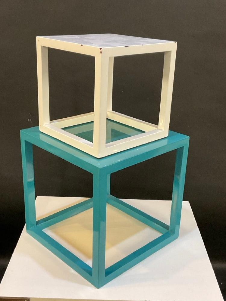 Two Jonathan Adler Nesting tables: Two (2) Jonathan Adler Nesting Tables. Heavily used, scratched and worn. Please see photograph preview.Dimensions: 12” x 12” x 12” and 9” x 9” x 9”