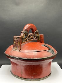 Antique Chinese Red Lacquered Wedding Basket