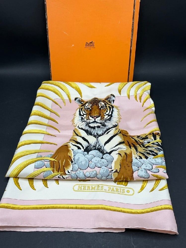 Hermes-Paris Silk Tigre Royal Scarf: Hermes-Paris Silk Tigre Royal ScarfGood Condition, Please See Photograph Preview ( note stains)Dimensions: 34”W x 33” H