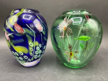 MCM Handblown Art Glass Vases - Blue Kuska & Green Murano Style
