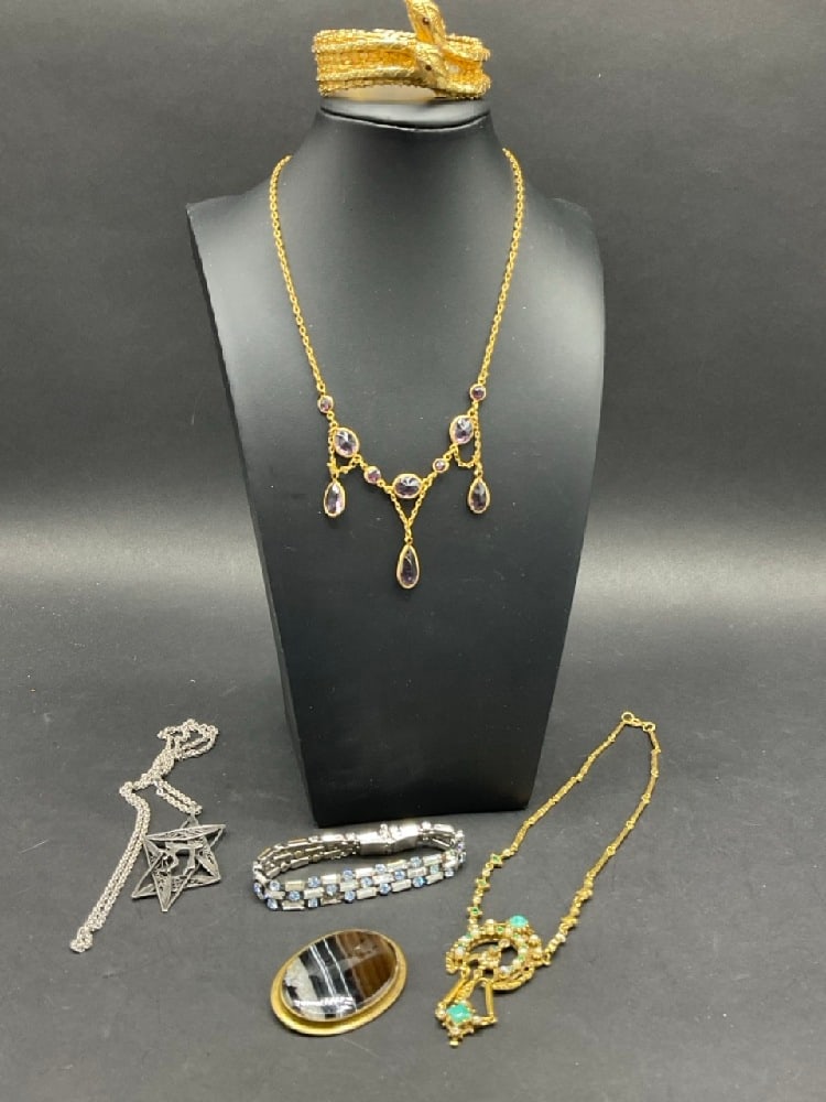 Vintage Costume Jewelry Lot: Costume Jewelry Lot with Rhinestone and Snake Clamp Watch
