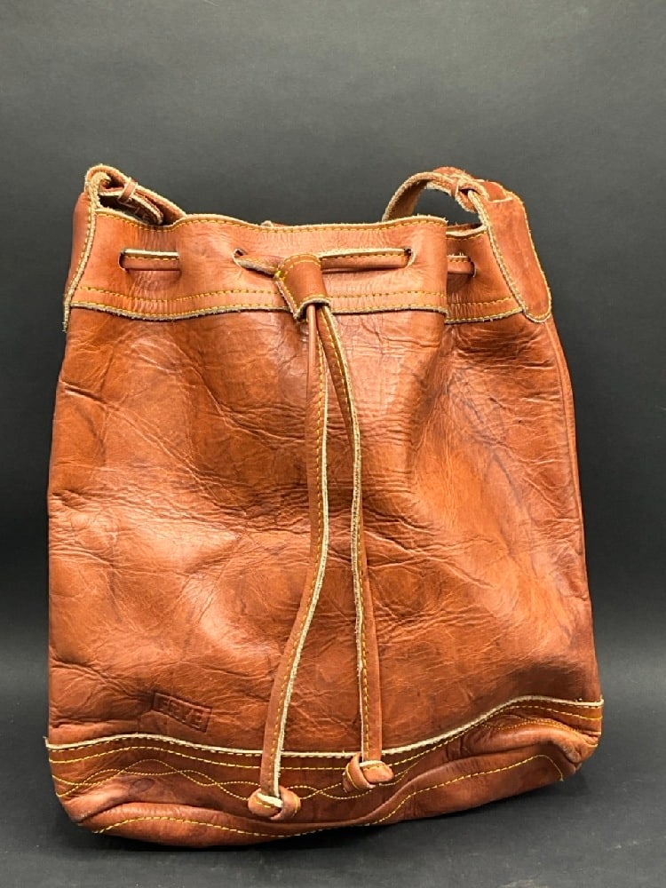 Frye Leather Duffle Bag: Frye Leather Duffle Bag.Dimensions: 13” x 13” adjustable strap
