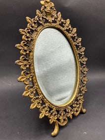 Antique Fleur De Lis Easel Back Cast Iron Mirror w/ Solid Gilt