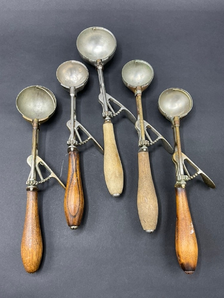 Five (5) Antique Ice Cream Scoops - Three signed Gilchrist No. 31 (1 of 3)