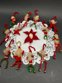 13 Vintage Fuzzy Wire Paper Clay Face Santa Ornaments