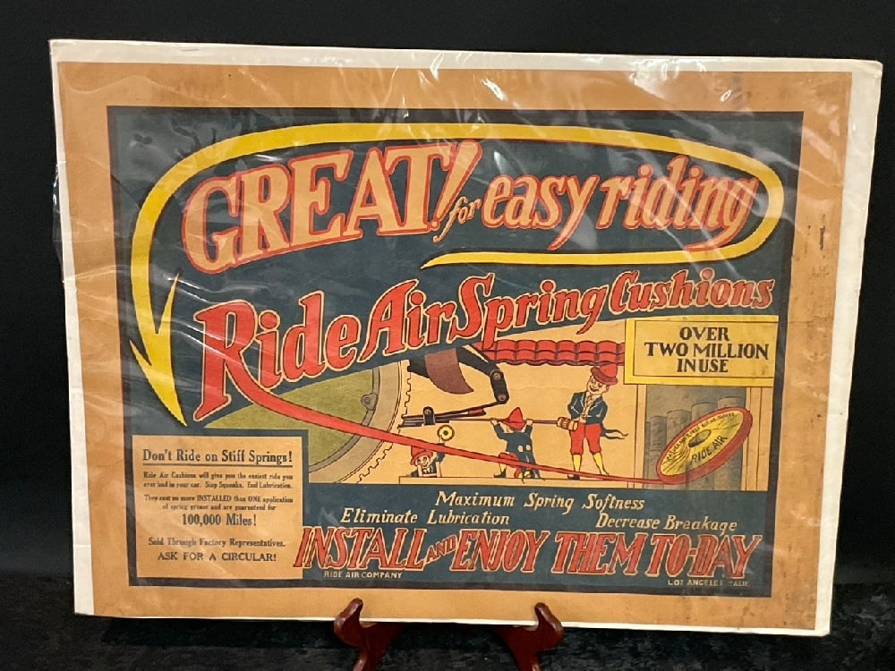 Ride Air Spring Cushions Cardboard Advertisement Sign: Ride Air Spring Cushions Cardboard Advertisement Sign - Los Angeles Calif.Dimensions: 18” x 23 1/2”