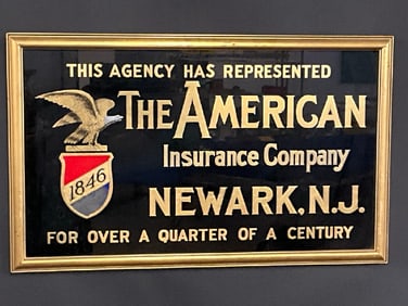 American Insurance Company Newark, NJ Reverse Painted Glass Advertising Sign