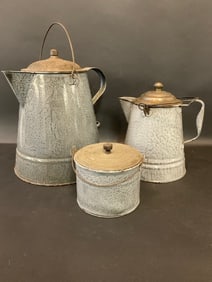 Three (3) Piece Antique Enamelware Kettles & Covered Pot.