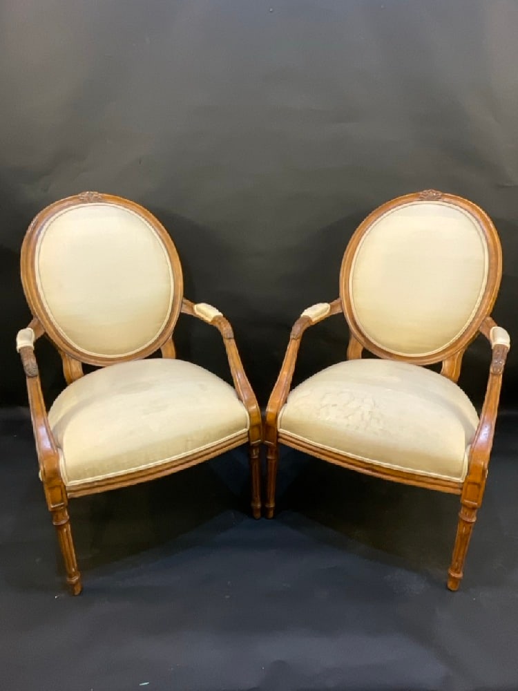 Pair of Armchairs Louis XV Style by Grange Furniture: Pair of Armchairs Louis XV Style by Grange Furniture. Chair frames and wood in excellent sturdy condition. Seating upholstery is stained and needs replacement or cleaning.. Signed. Dimensions: 43&rdqu