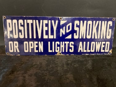 Vintage  Cobalt Blue Enameled “Positively No Smoking or Open Lights Allowed?? Sign
