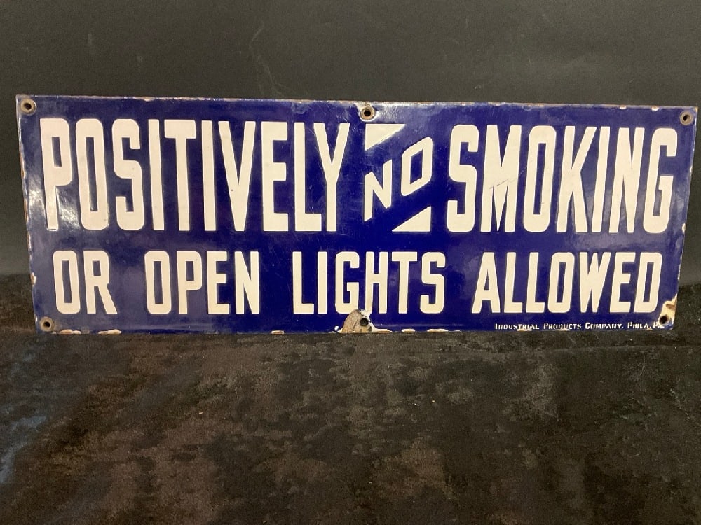 Vintage  Cobalt Blue Enameled “Positively No Smoking or Open Lights Allowed?? Sign (1 of 3)