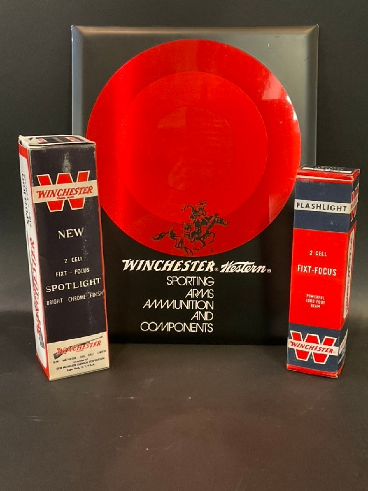 Vintage Winchester Spotlight, Flashlight & Store Ammunition Advertisement: Vintage Winchester Spotlight, Flashlight & Store Ammunition Advertisement. Dimensions: sign - 11” x 8 1/2”