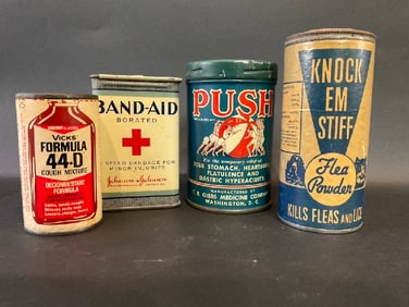 Four (4) Vintage Medicine Cabinet Tins - Vicks, Band-Aid, Push, Knock ‘Em Stiff