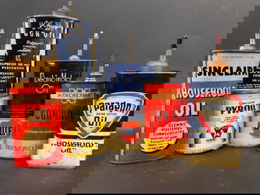 Vintage Oil Tins - Winchester & JC Higgins Gun Oil, Paragon & Sinclair Household Oil, Gulf & Pyroil