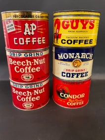 Six (6) Vintage Coffee Tins -  Beech Nut, A & P, Condor, 2 Guys, Monarch