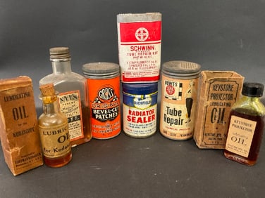 Vintage Tins & Bottles - Oil, Patches, Sealer, Tube Repair Kit