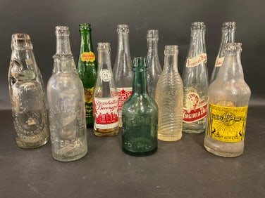 Thirteen (13) Glass Vintage Beverage Bottles - Kickapoo Joy Juice, Rechs, Virginia Dare, New Star,