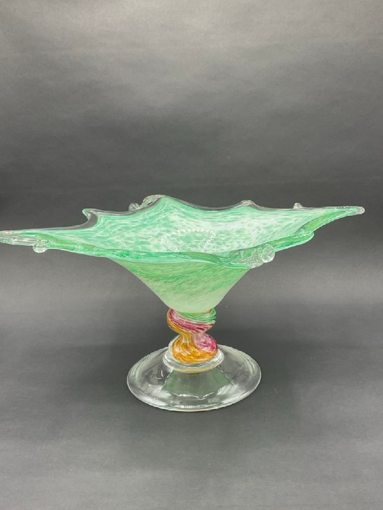 Murano Art Glass Centerpiece Bowl: Murano Art Glass Centerpiece Bowl. Sea green colored glass set on multi-color base. Dimensions: 7 1/2" X 16"
