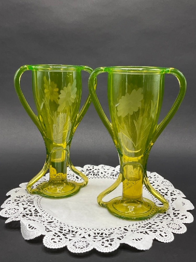A Pair, 1920’s Vaseline Glass Trophy Style Vases (1 of 4)