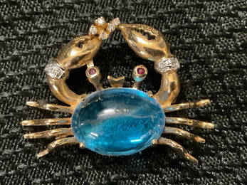 14K/585 Gold Jeweled Crab Brooch or Pendant