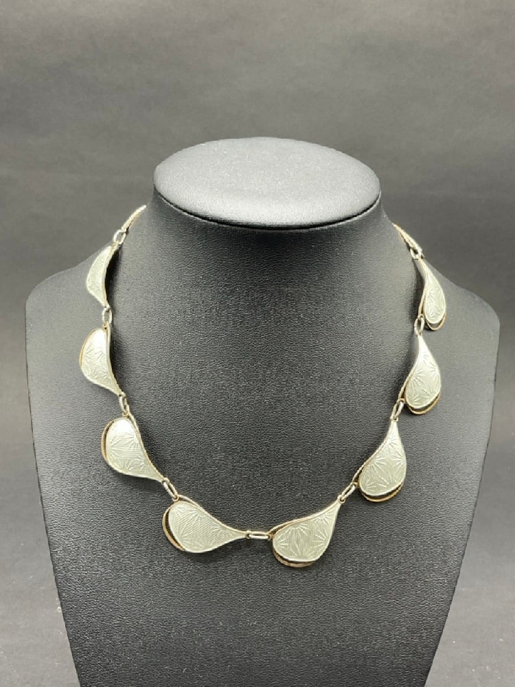 Sterling Guilloche Enamel Norwegian Ivan T. Hoth White Teardrop Necklace: Sterling Guilloche Enamel Norwegian Ivan T. Hoth White Teardrop Necklace.Dimensions: 15” x 5/8” x 1” T.w. : 28.65 grams.