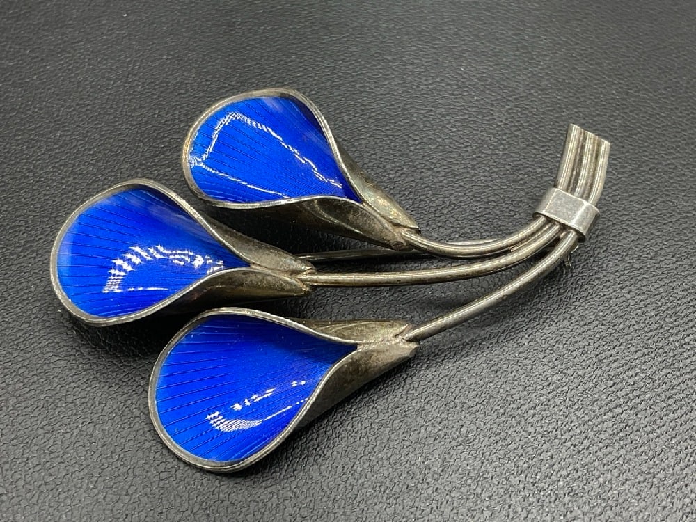 Grete Prytz Kittelsen for J. Tostrup Triple Lily Flower Blue Guilloche Pin (1 of 4)