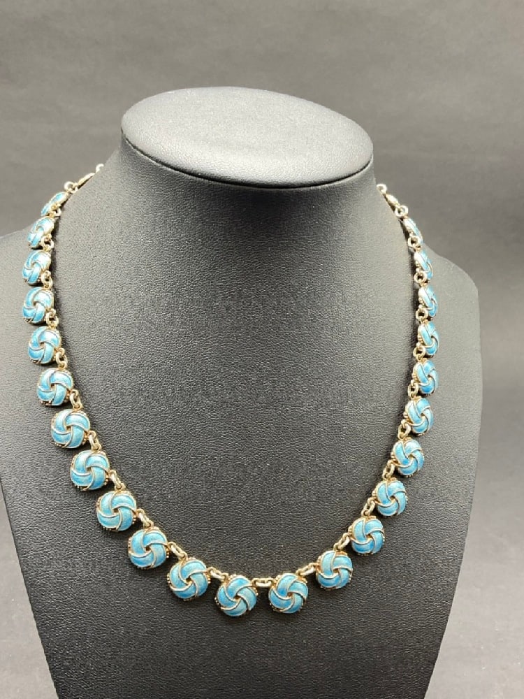 Vtg Sterling Guiloche Enamel Danish Meka Blue Knot Necklace: Vtg Sterling Guiloche Enamel Danish Meka Blue Knot Necklace.Dimensions: 17" X 1/2" Total weight: 25.95 grams.