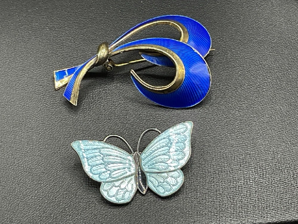 VB Sterling Silver Denmark Norway Butterfly Pin and Ribbon Pin: VB Sterling Silver Denmark Norway Butterfly Pin and Ribbon Pin. Dimensions: 2” x 1 1/4” and 1 1/2” x 7/8” Total weight: 15 grams.