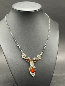 Vintage Sterling Silver Amber Stone Necklace