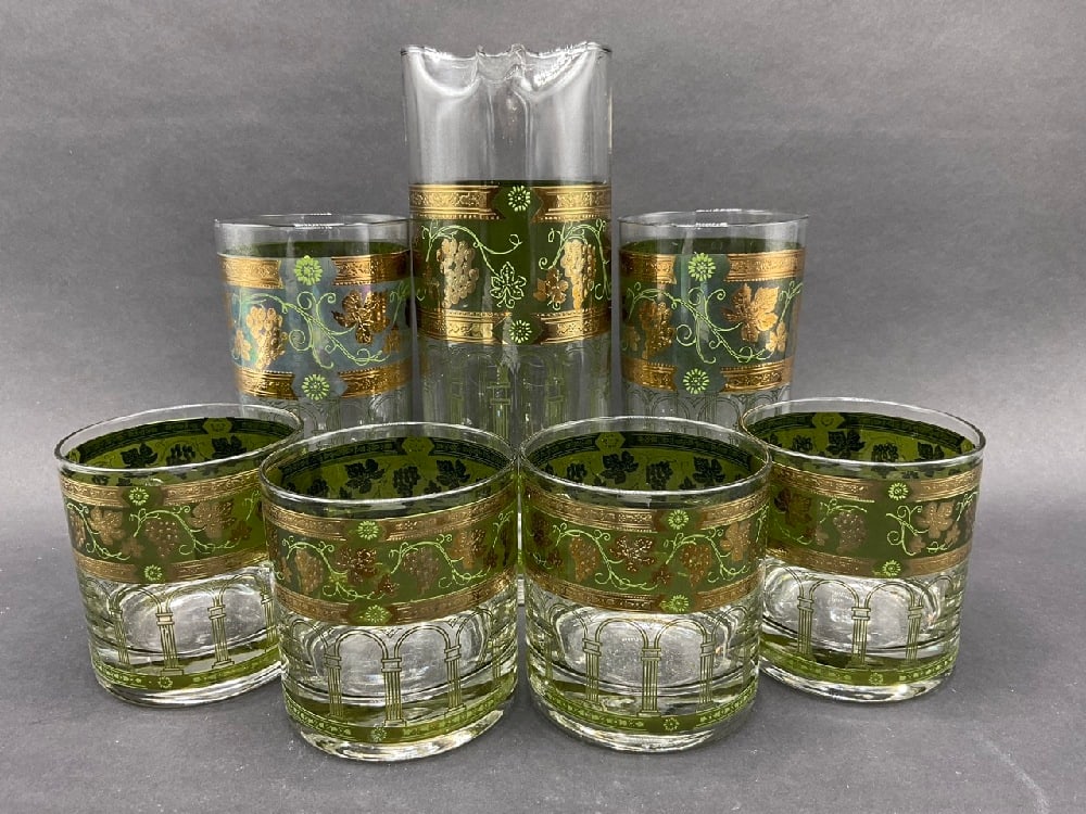 Vintage Cera "Golden Grapes" Pitcher w/ (6) Glasses: Vintage Cera ‘Golden Grapes’ Pitcher w/ (6) Glasses. Dimensions: Pitcher - 8” Rocks - 5 1/2” Highball - 3”