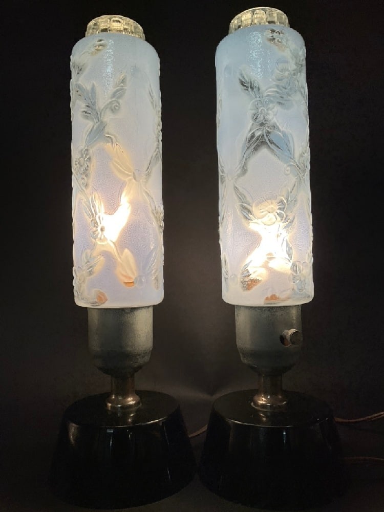 Art Deco Boudoir Frosted Glass Lamps: Art Deco Boudoir Frosted Glass Lamps.Dimensions: 12 1 2” x 3 1/2”