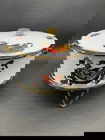 Rare Georges Briard Enamel Pot w/ Warming Stand: Rare Georges Briard Enamel Pot w/ Warming Stand. Dimensions: 9” x 10 1/2”