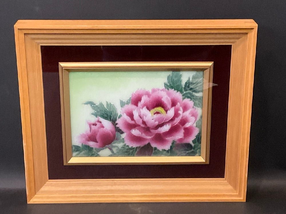 Vintage Japanese Cloisonné Enamel Framed Plaque of Peony: Vintage Japanese Cloisonné Enamel Framed Plaque of Peony. Dimensions: 12” x 14 1/2” x 2”